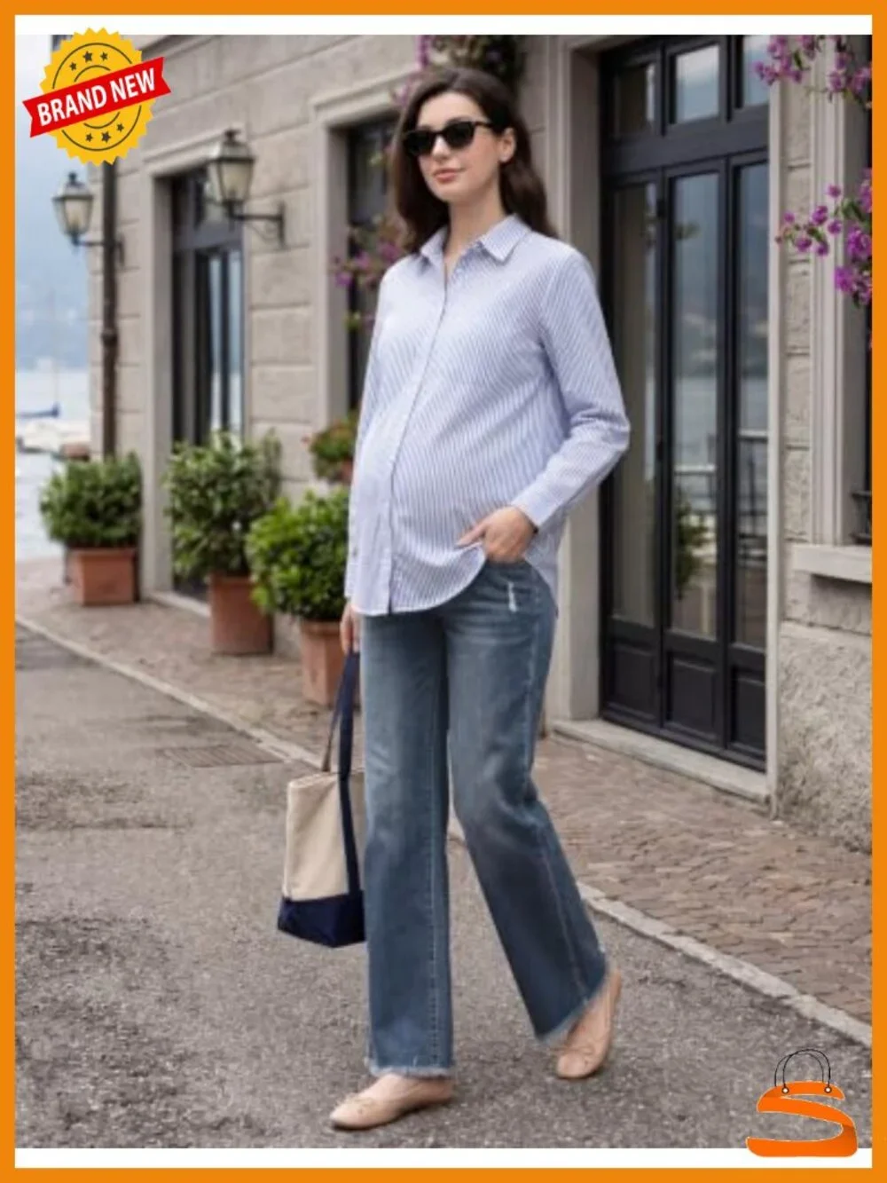 Maternity Wide Leg Stretchy Raw Hem Denim Jeans Over the Belly